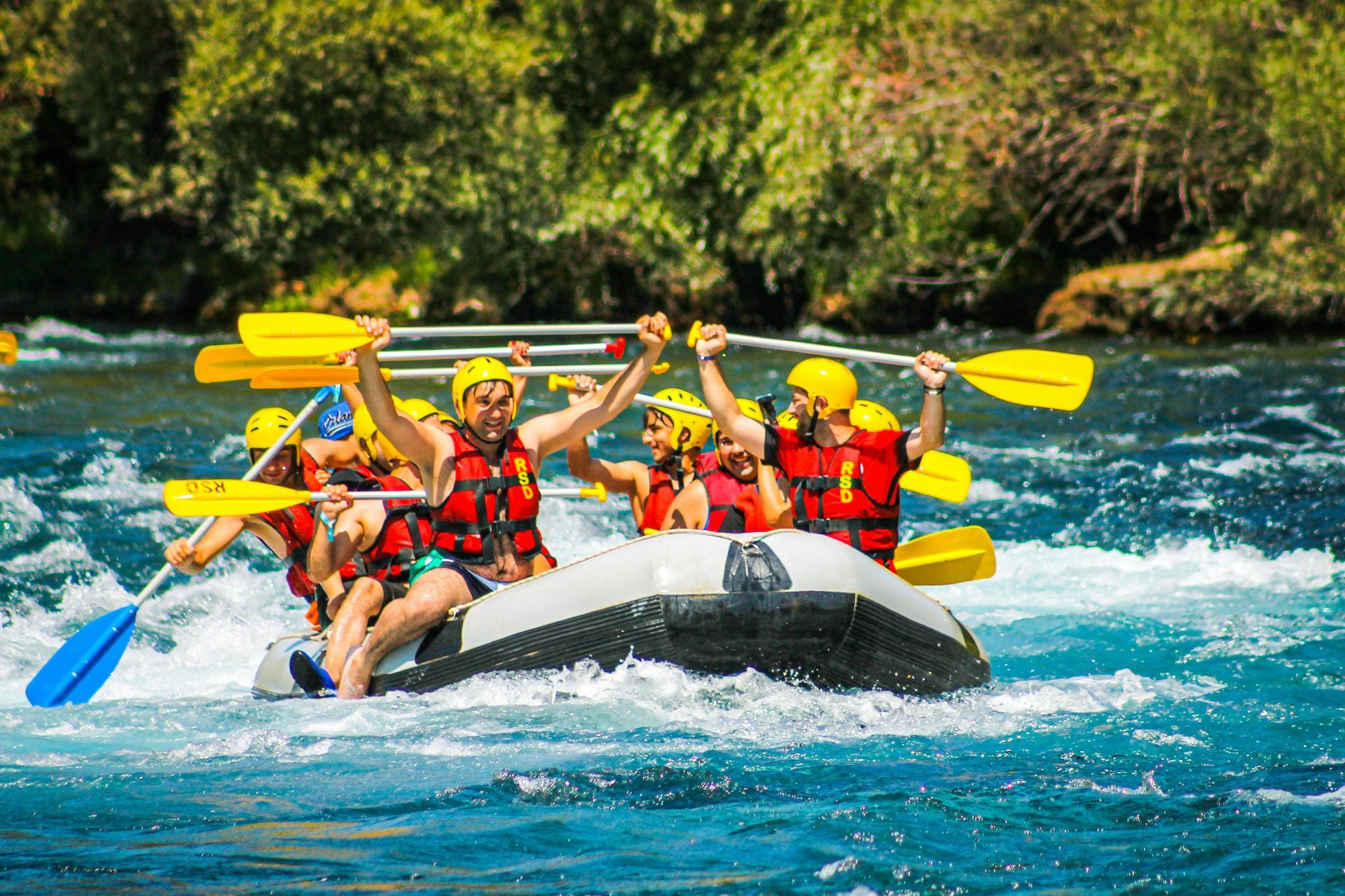 Rafting group in red life vests paddles through whitewater on a river with green trees nearby