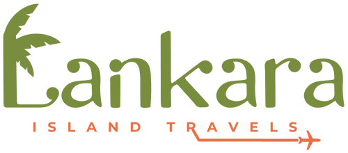 Logo voor Lankara Island Travels. Groene tekst, een palmboomicoon en een koraalkleurige pijl met een vliegtuigje.