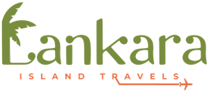 Logo voor Lankara Island Travels. Groene tekst, een palmboomicoon en een koraalkleurige pijl met een vliegtuigje.