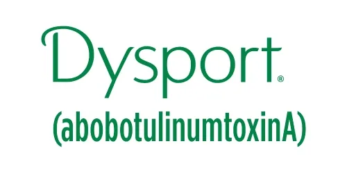 A green and white logo for dysport abobotulinumtoxina. Link to Botox/Dysport.