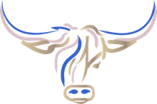 A drawing of a bull 's head with long horns on a white background.