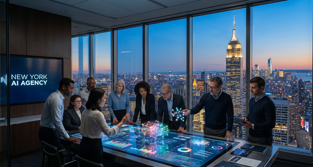 Best AI agencies in New York City guide showing AI consulting and automation services for startups and SMBs in NYC