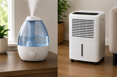 White tabletop humidifier and portable dehumidifier on wooden surface indoors
