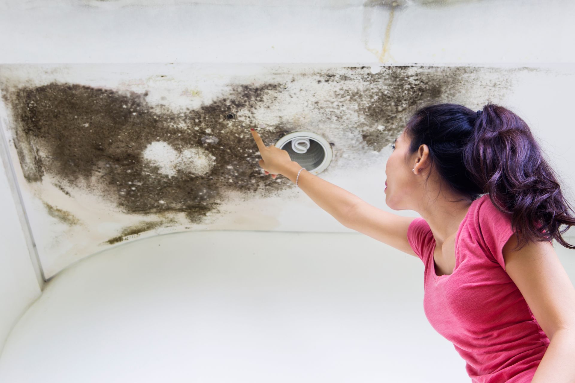 Asbestos Abatement — Hathaway Environmental in Abilene, KS A woman is pointing at a moldy ceiling in a bathroom.