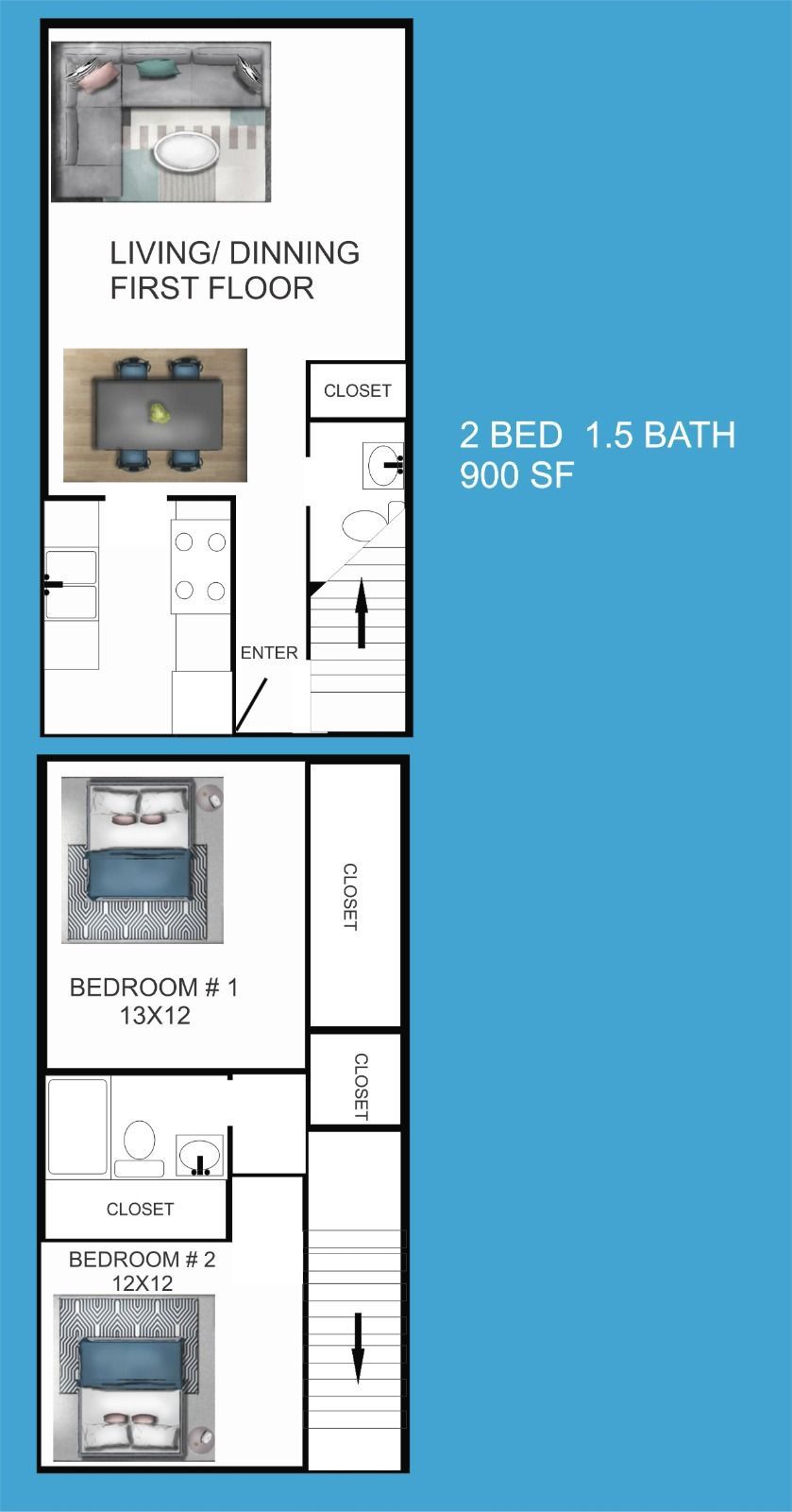 2 bed 1.5 bath