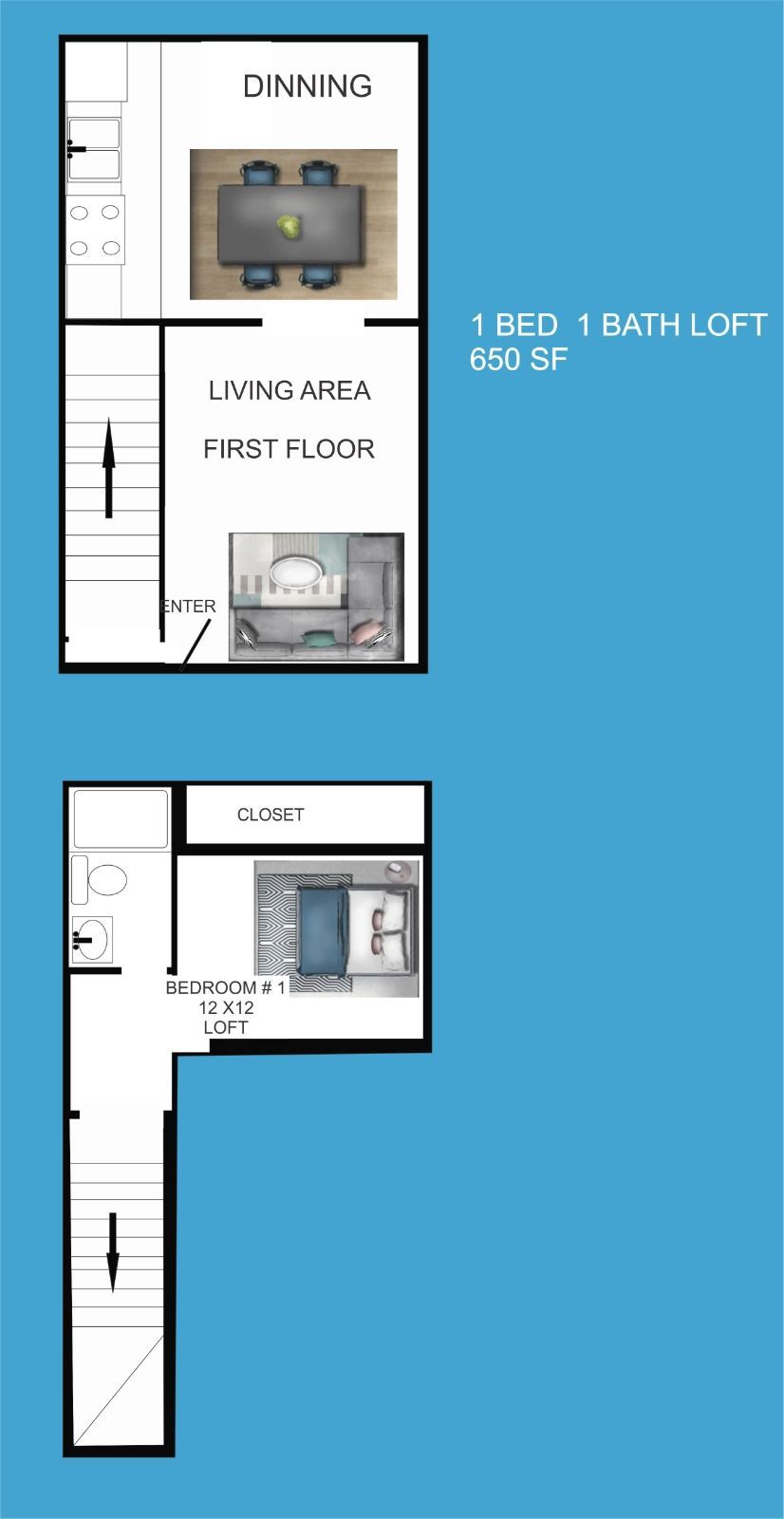 1 bed and 1 bath