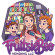 Three children wearing unicorn headbands stand before a vending machine, enjoying snacks and drinks. Brand logo below.
