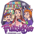 Cartoon logo of three smiling friends in a candy shop with a colorful vending machine and “FruitsieBoo” text.