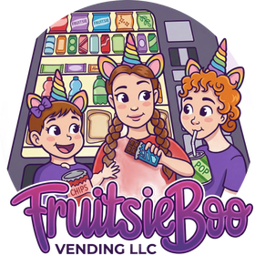Three smiling kids with ice cream cones in front of a colorful FruitsieBoo vending machine logo