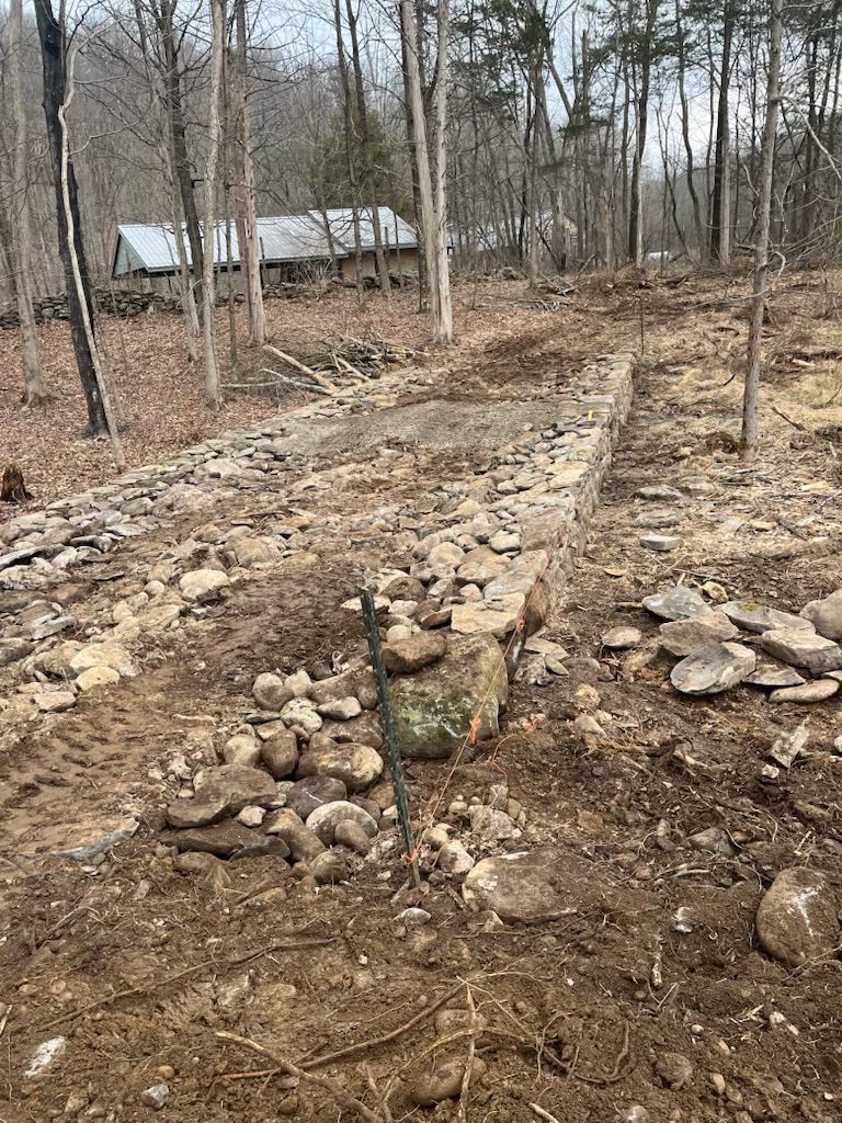 A dirt driveway lined with stones leads toward a house in a wooded area during late autumn.
