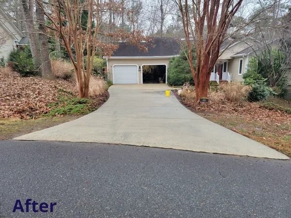 Driveway leading to a house with a garage and bare winter trees, labeled “After”