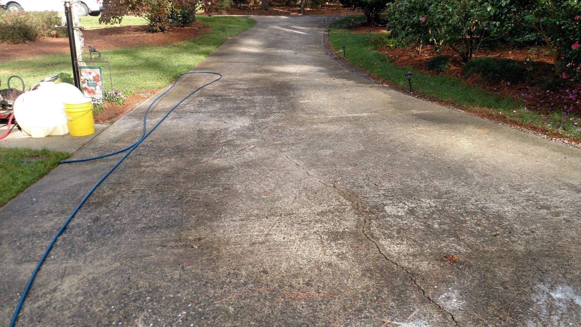 Driveway with a pressure washer, bucket, and cleaning supplies beside a tree-lined yard