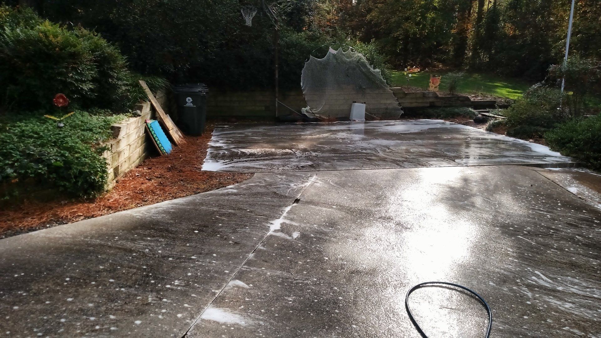 Wet driveway being sprayed with water in a leafy residential area, with a hose in the foreground
