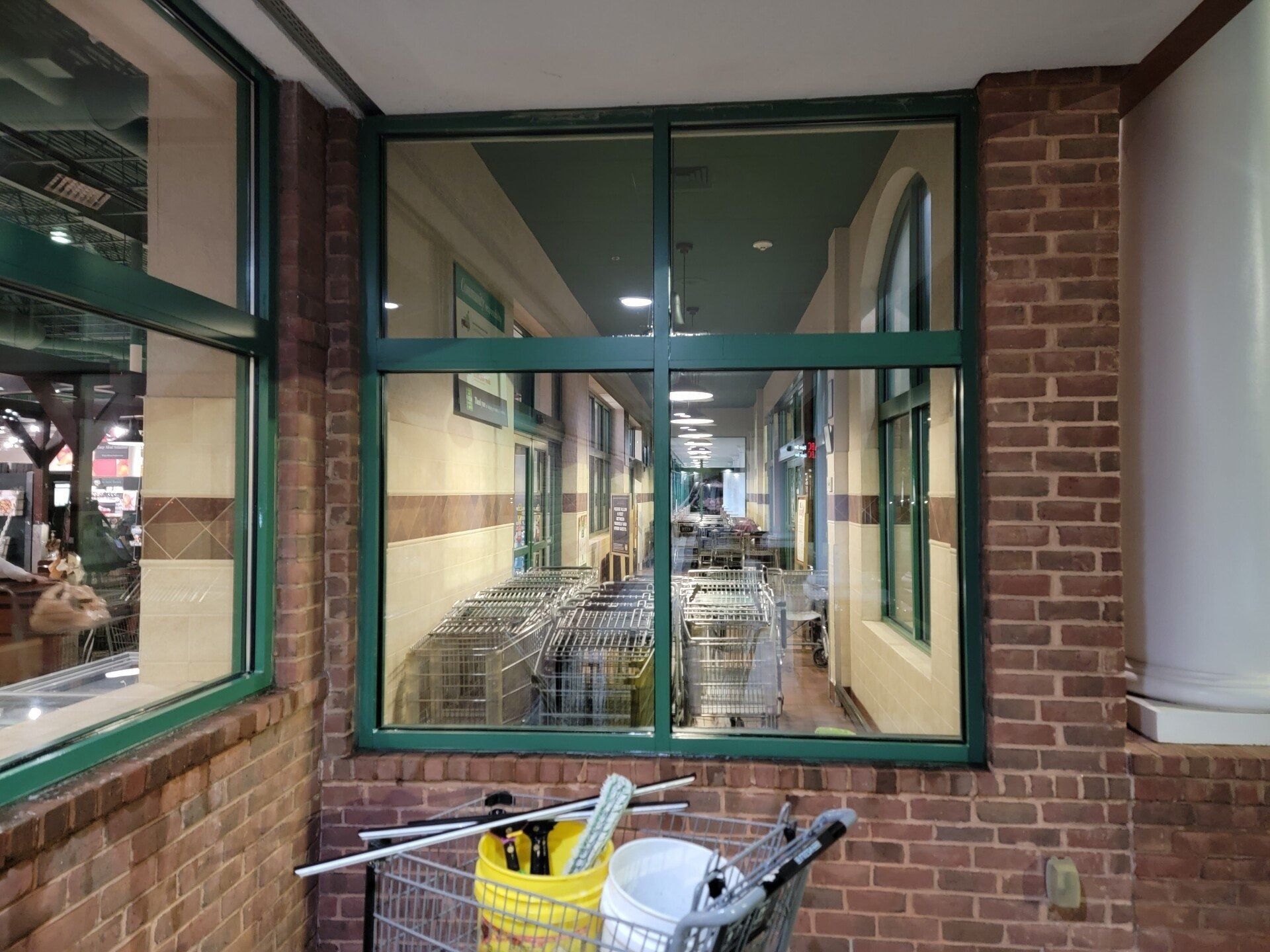 Empty storefront with green-framed windows and shopping carts in front