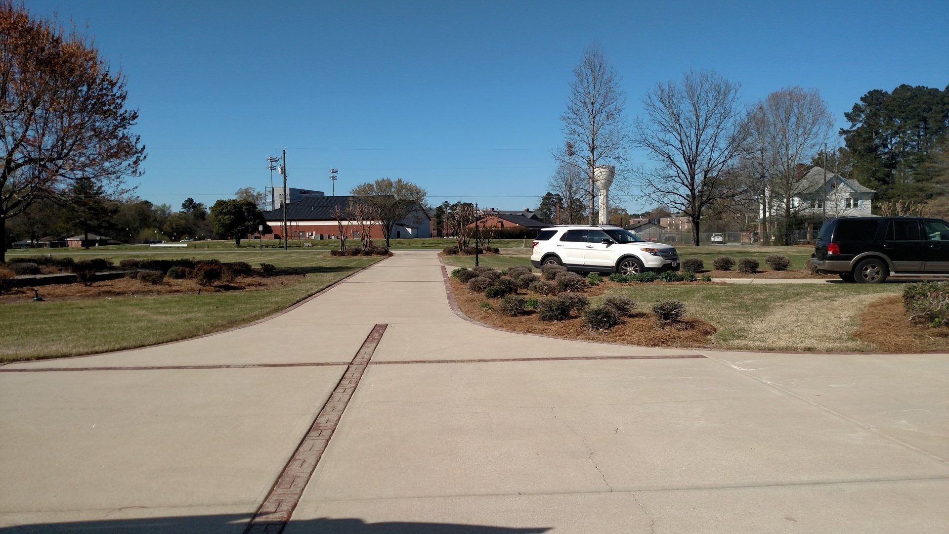Wide driveway leading to a building, with parked cars and leafless trees on a clear day