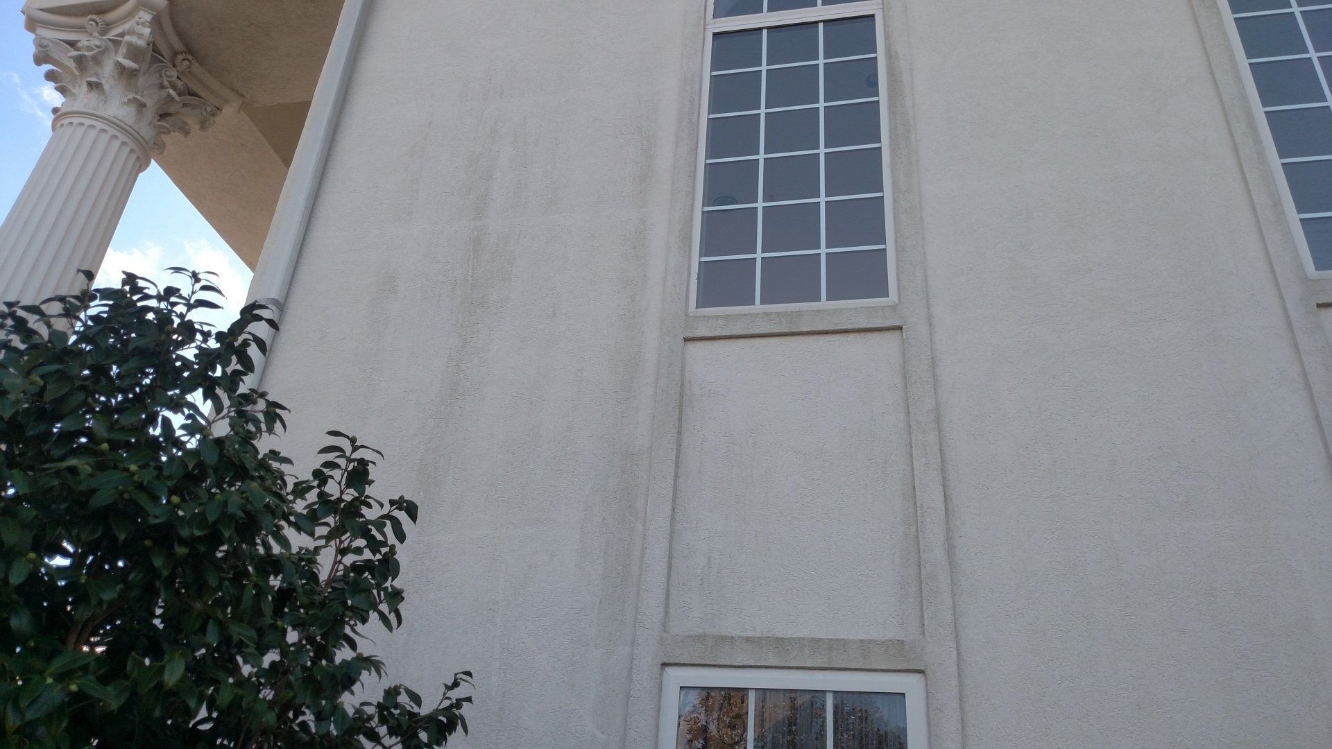 Tall beige building facade with a narrow window, a tree on the left, and a white column.