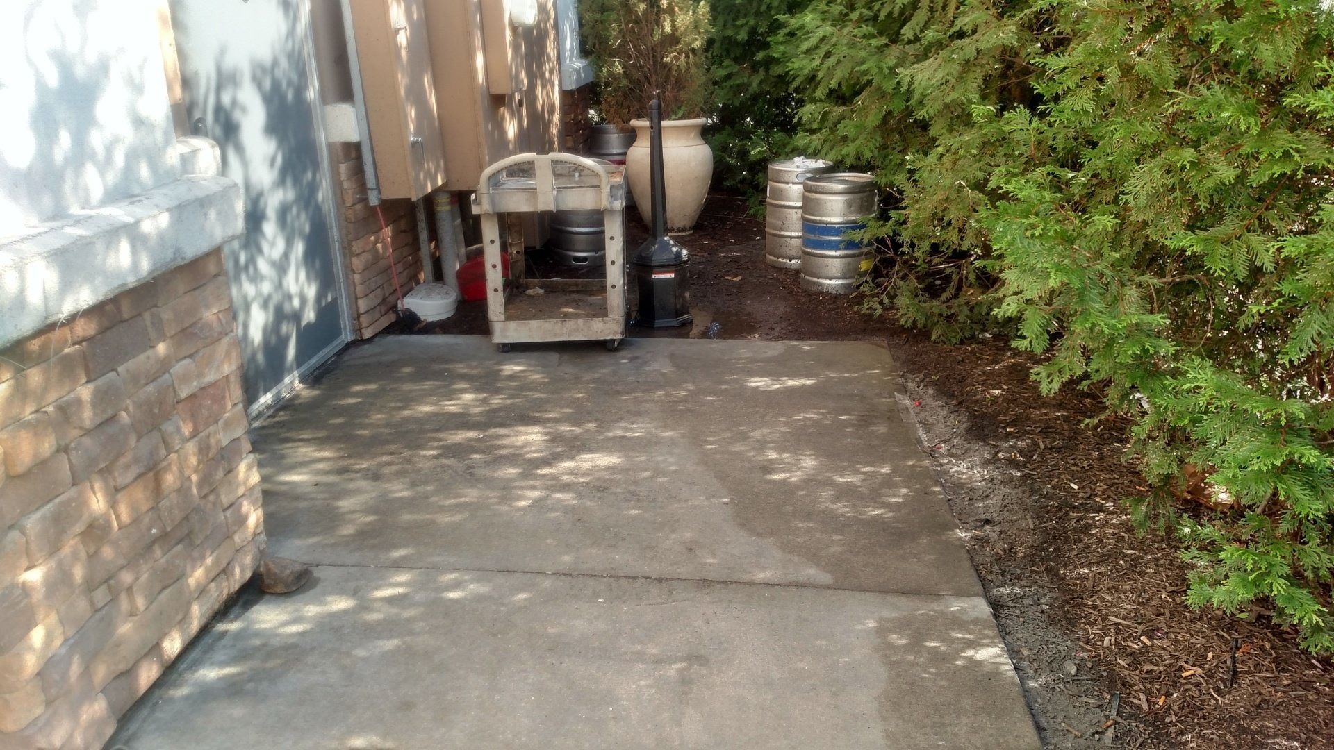 Concrete walkway beside a brick building, with a storage cart and bins near dense shrubs.