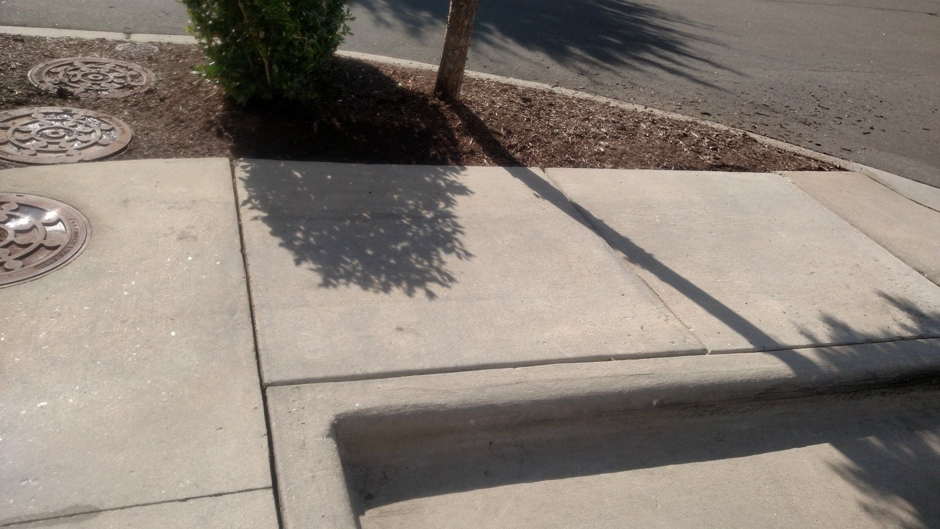 Sidewalk and curb ramp beside a street, with a tree casting shadows.
