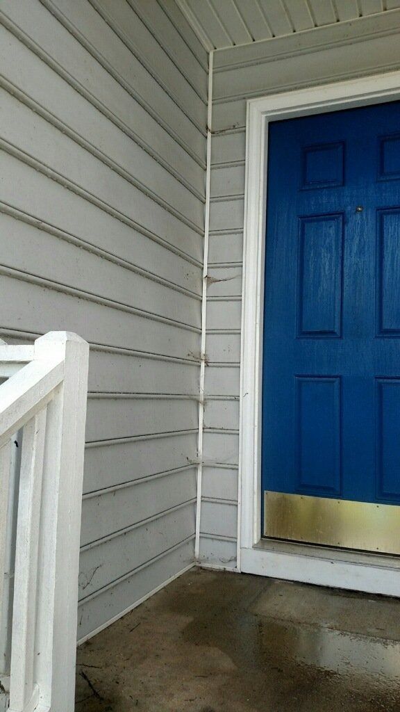 Blue front door beside white siding and railing on a small porch