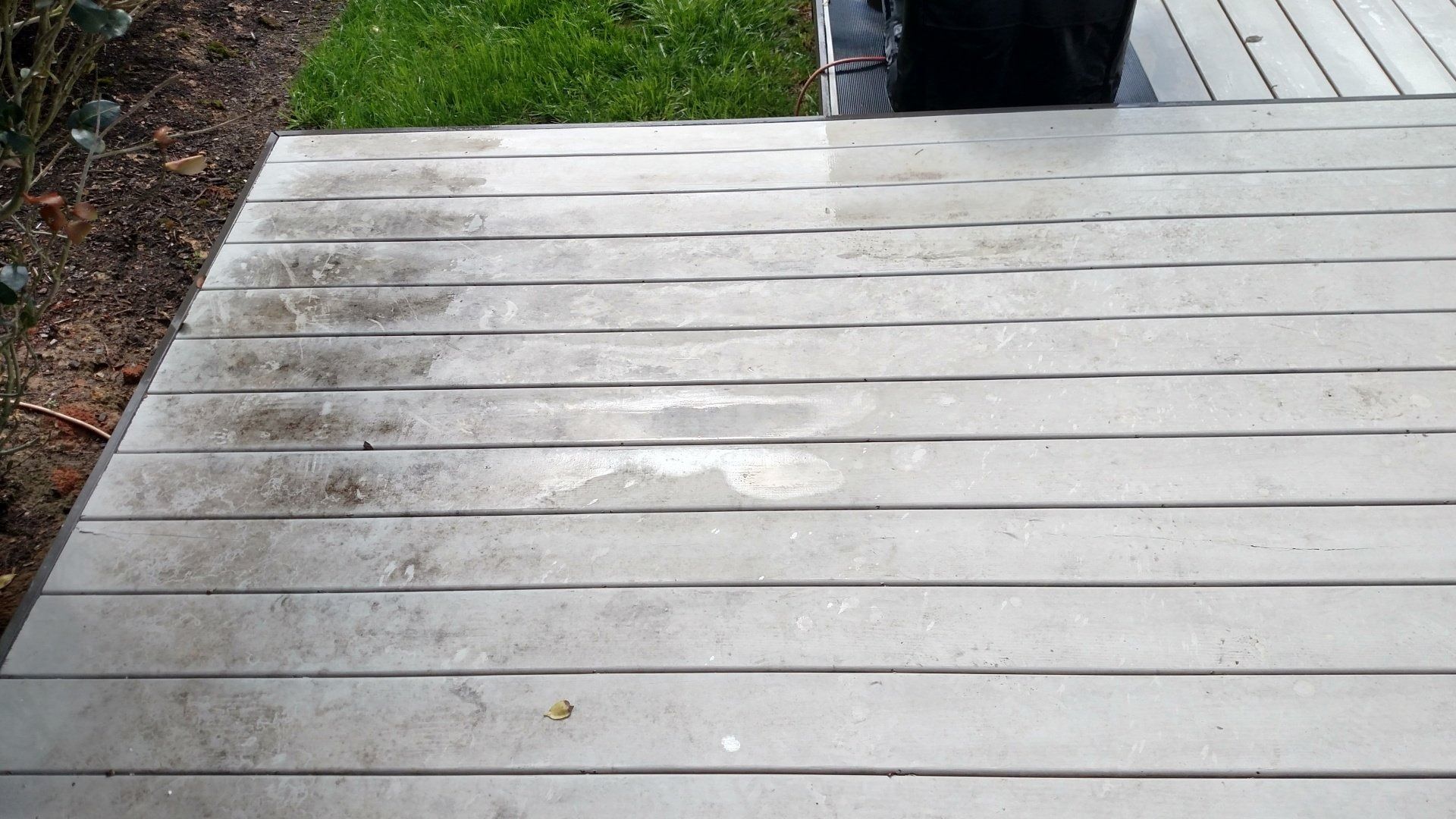 Weathered white wooden deck leading to a grassy yard and a trash bin.