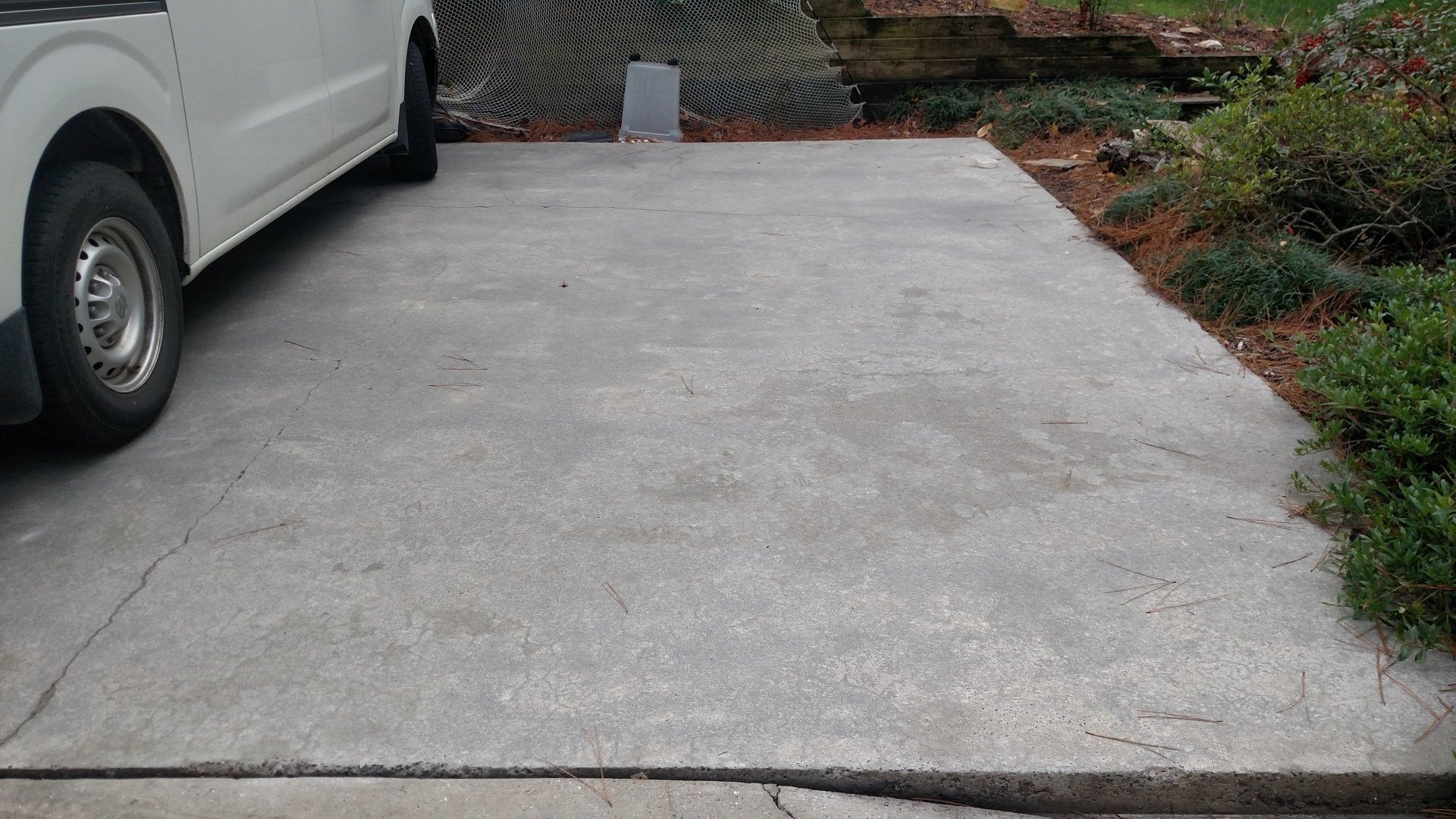 Concrete driveway beside a white van, with grass and shrubs along the right edge.