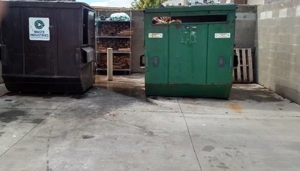 Two large trash dumpsters, one black and one green, on a concrete alley beside a fence.