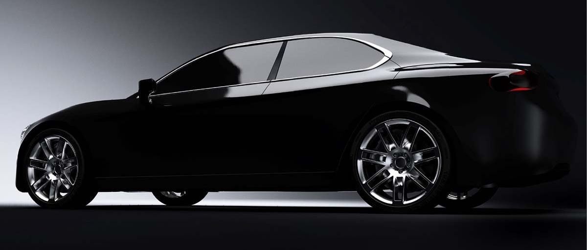 Black sports car on a dark gray background. Chrome rims gleam, with a sleek, curved body design.
