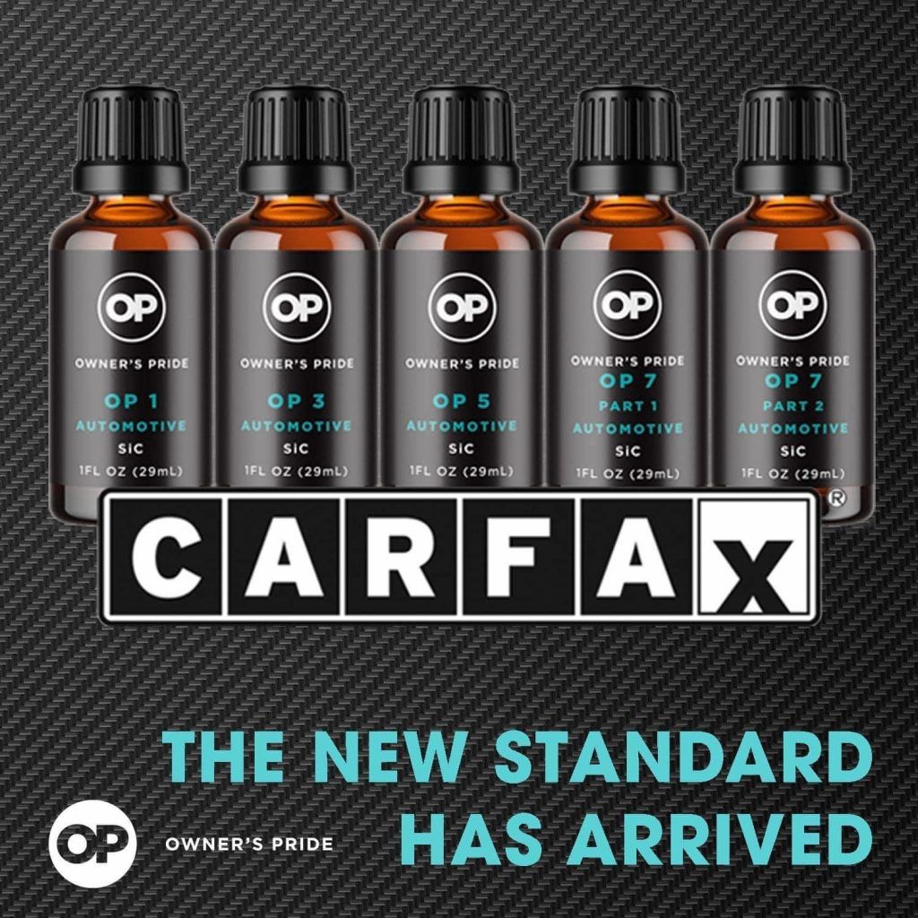 Bottles of Owner's Pride automotive products above the Carfax logo. Text: