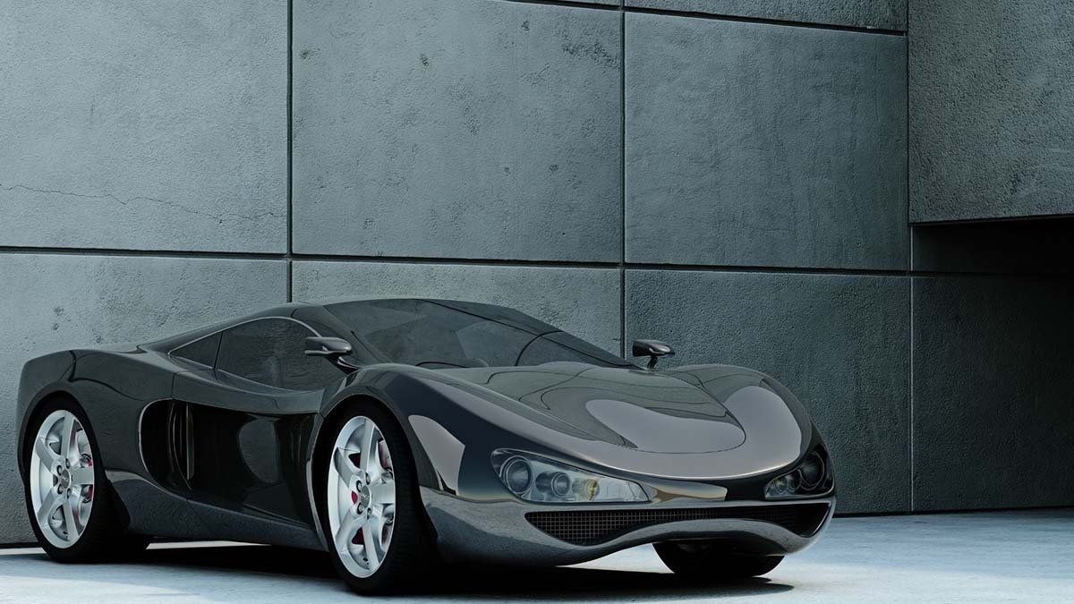 Sleek black sports car parked against a gray, textured wall. Shiny body, silver wheels, and futuristic design.