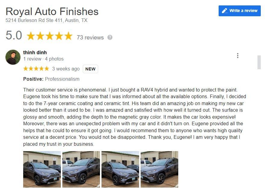 Google review for Royal Auto Finishes with a 5-star rating. Includes a review and photos of a car.