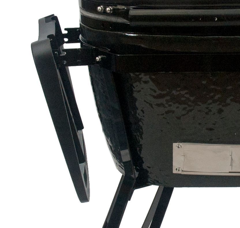 Een close-up van een zwarte grill met een handvat