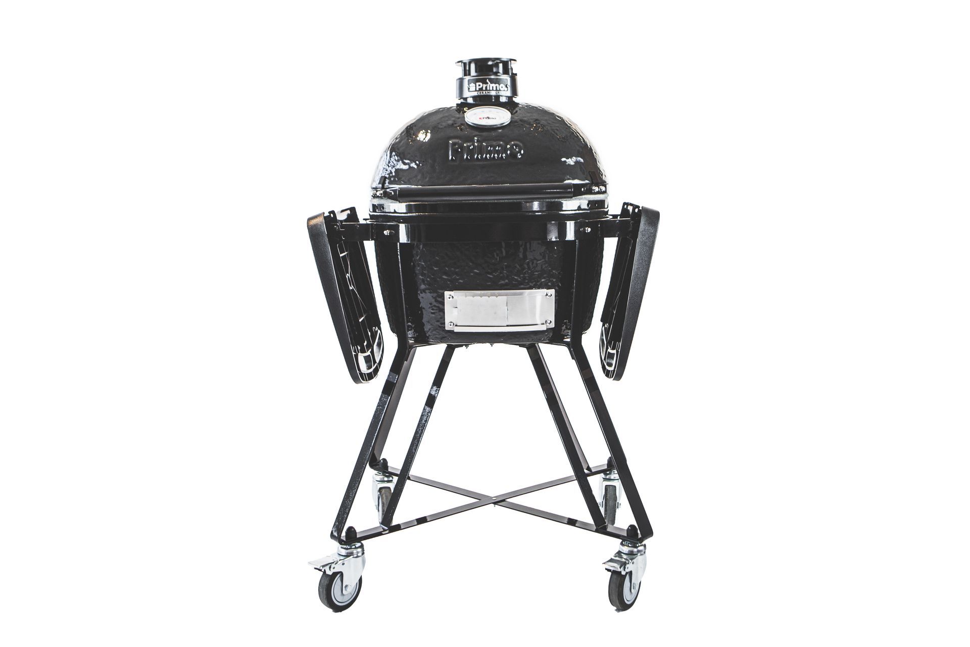 Een zwart-witfoto van een grill op wielen op een witte achtergrond.