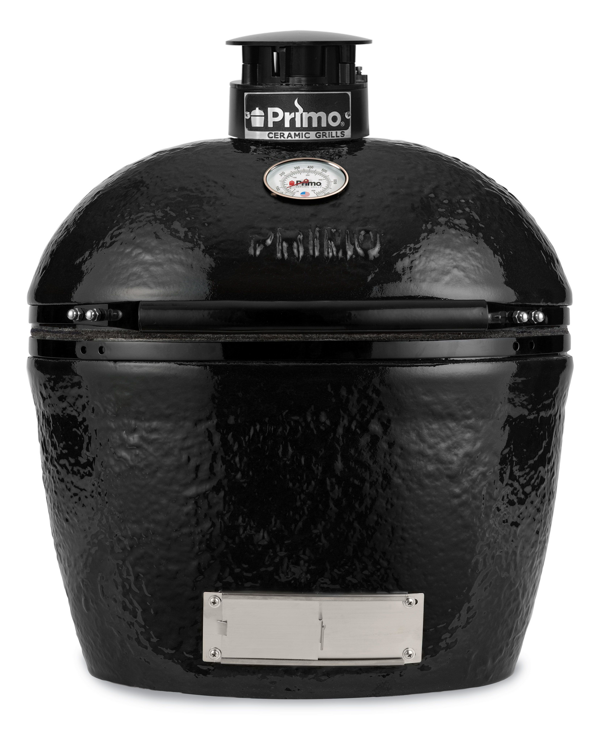 Een zwarte primogrill zit op een wit oppervlak.