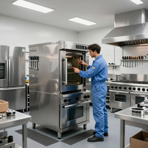 Technician adjusting a large stainless steel oven in a commercial kitchen.