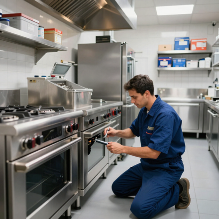 Chef kneeling in a commercial kitchen, repairing a stainless steel stove with tools.