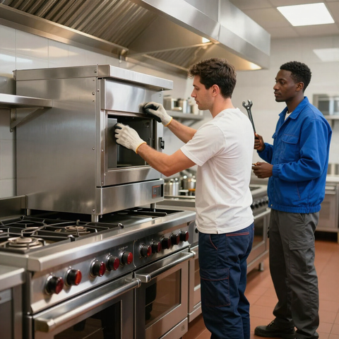 Two kitchen workers inspecting a stainless steel oven in a commercial kitchen