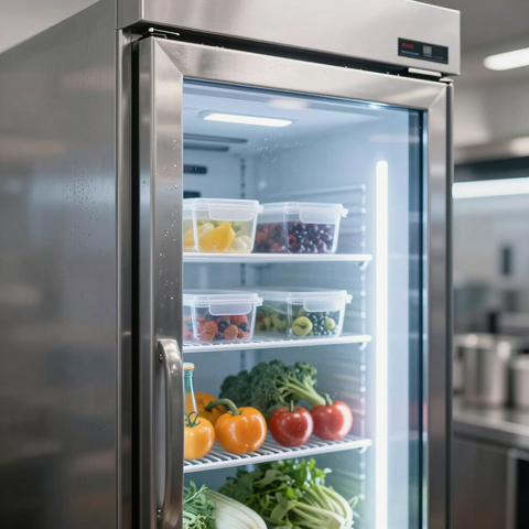 Open stainless-steel refrigerator with shelves of colorful fresh produce and containers inside
