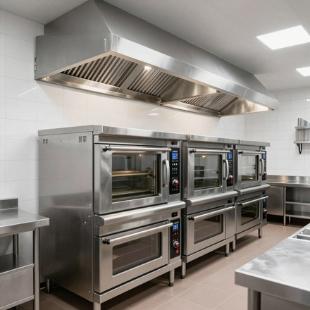 Commercial kitchen with stainless steel ovens, stovetops, and large ventilation hood
