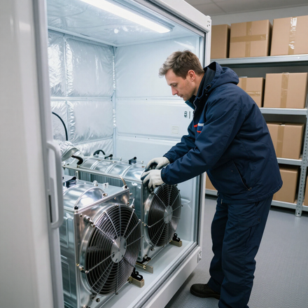 Technician inspecting industrial cooling unit inside a refrigerated storage room