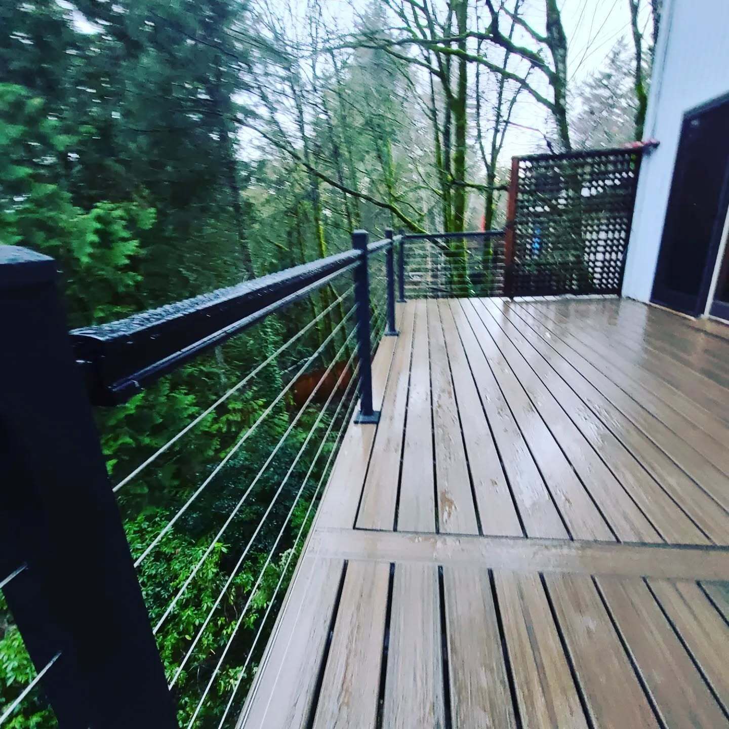 Wooden deck overlooking lush green trees, black cable railing, and a cloudy sky.