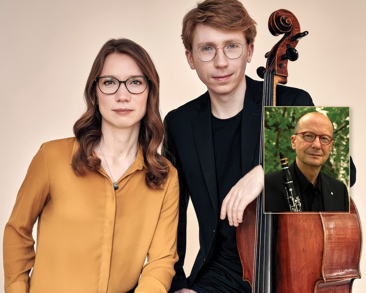 Two musicians, one with a cello, stand next to a portrait of a clarinetist against a neutral background.
