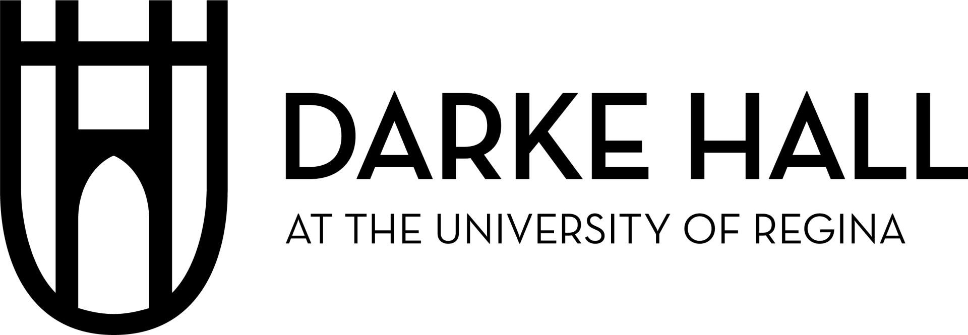 The darke hall at the university of regina logo is black and white.
