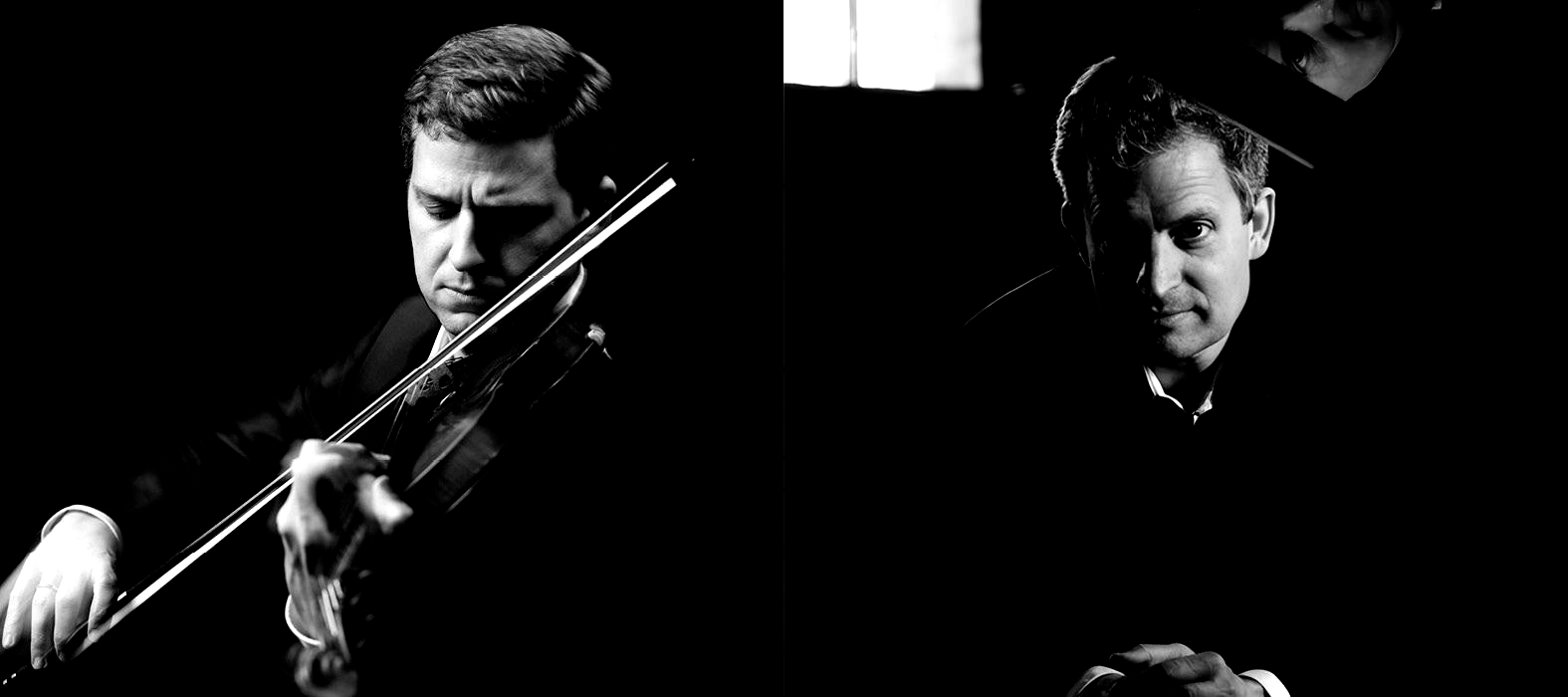 A split shot: a violinist playing against a black background, beside a pianist posing near an open grand piano.