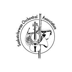 A black and white logo for the saskatchewan orchestra association.