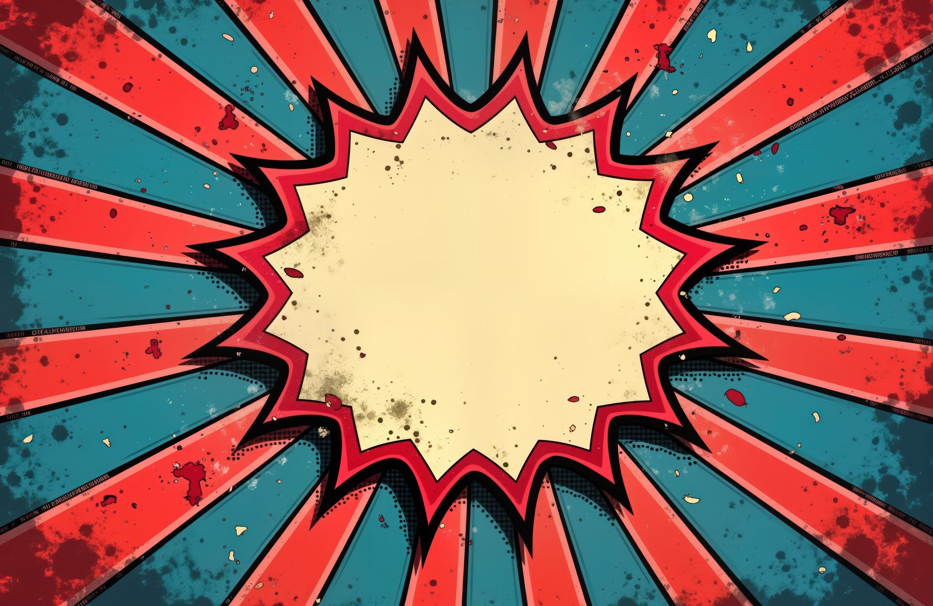 Retro-style burst background with red, teal, and beige. Central area for text or a logo.