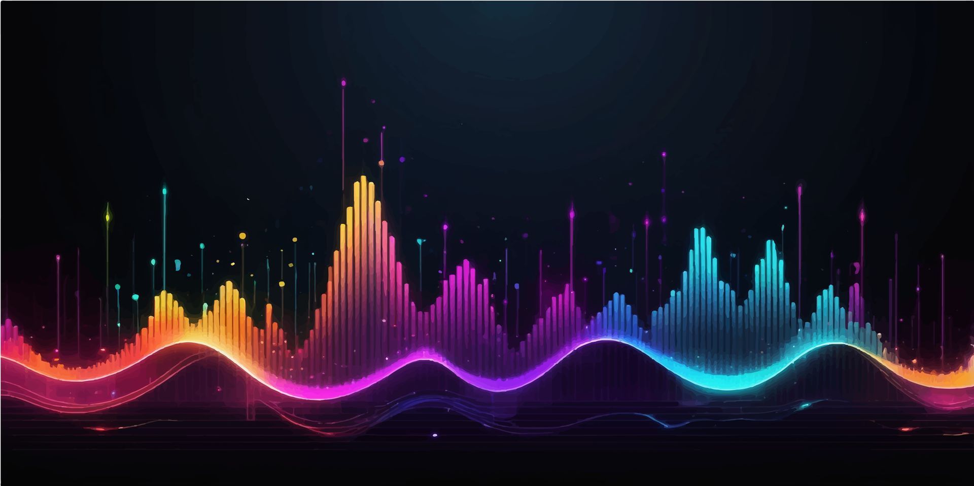 Colorful sound waves pulsating on a black background, with rising bars and glowing lines.