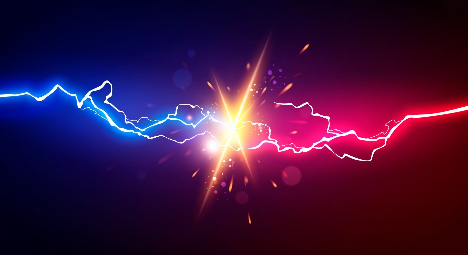 Blue and red lightning bolts colliding with a bright light in the center.