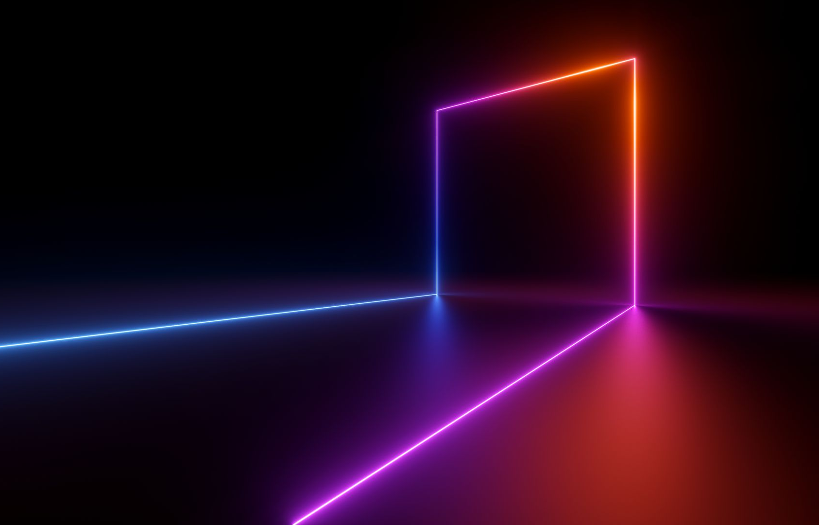 Glowing neon lines form a doorway, reflected on a dark floor. The door glows orange, and the floor reflects purple and red light.