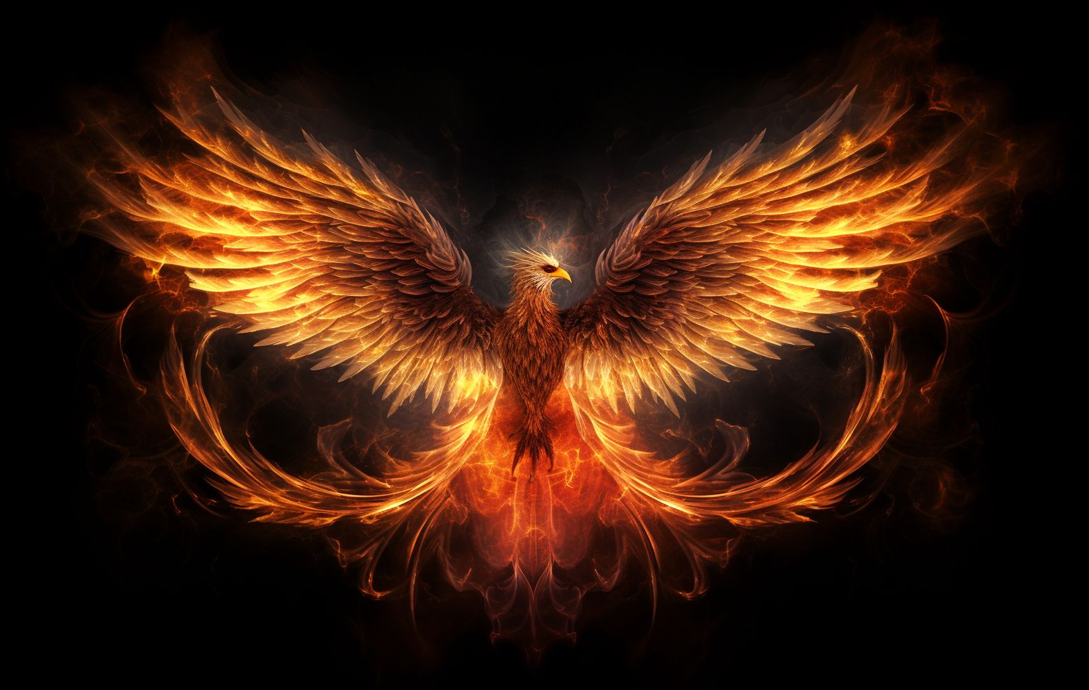 Fiery phoenix bird with outstretched wings against a black background.