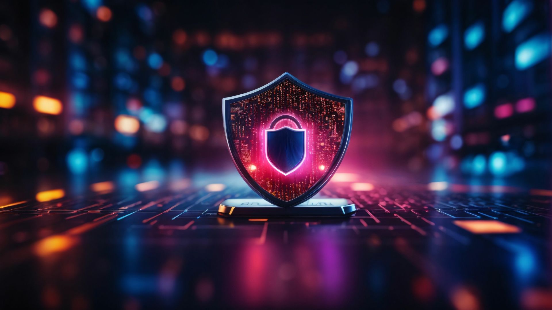 Shield icon with lock, glowing over a circuit board with blurred lights in background.